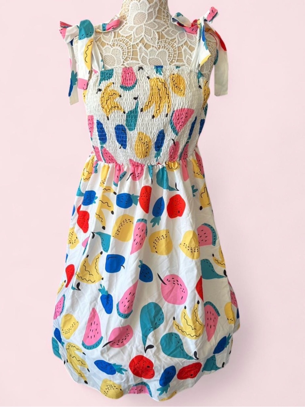 SHEIN White Multicolor Fruit-Print Smocked Tie-Shoulder Sundress